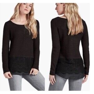 🎯3 for $30🎯 Lucky Brand sweater Womens S black basket weave knit lace bottom